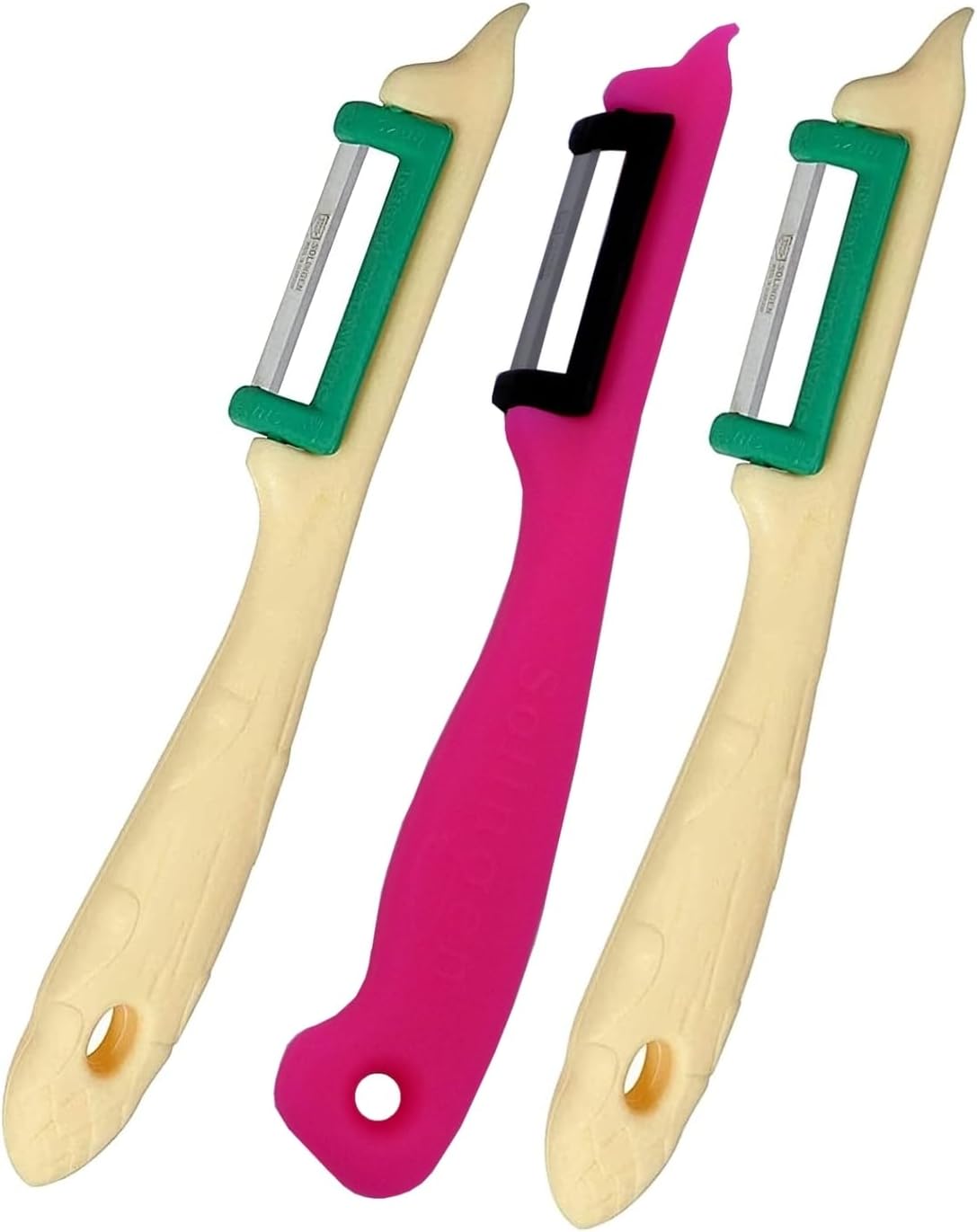 3 Solinger Sparschäler 1 Pink+2 Beige für Rechts- u Linkshänder Solingen Spargelschäler Obstschäler Spargelmesser extra scharf Pendelschäler Gemüseschäler