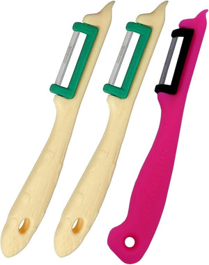 3 Solinger Sparschäler 1 Pink+2 Beige für Rechts- u Linkshänder Solingen Spargelschäler Obstschäler Spargelmesser extra scharf Pendelschäler Gemüseschäler