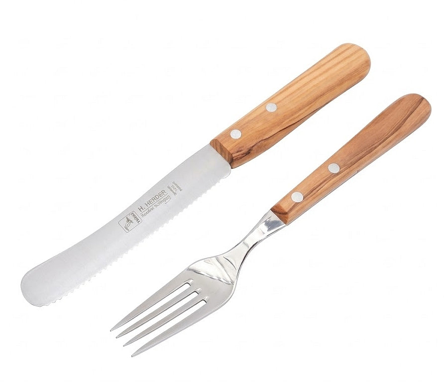 H. Herder Buckelsmesser & Essgabel Set – Solingen | Olivenholz & Wellenschliff