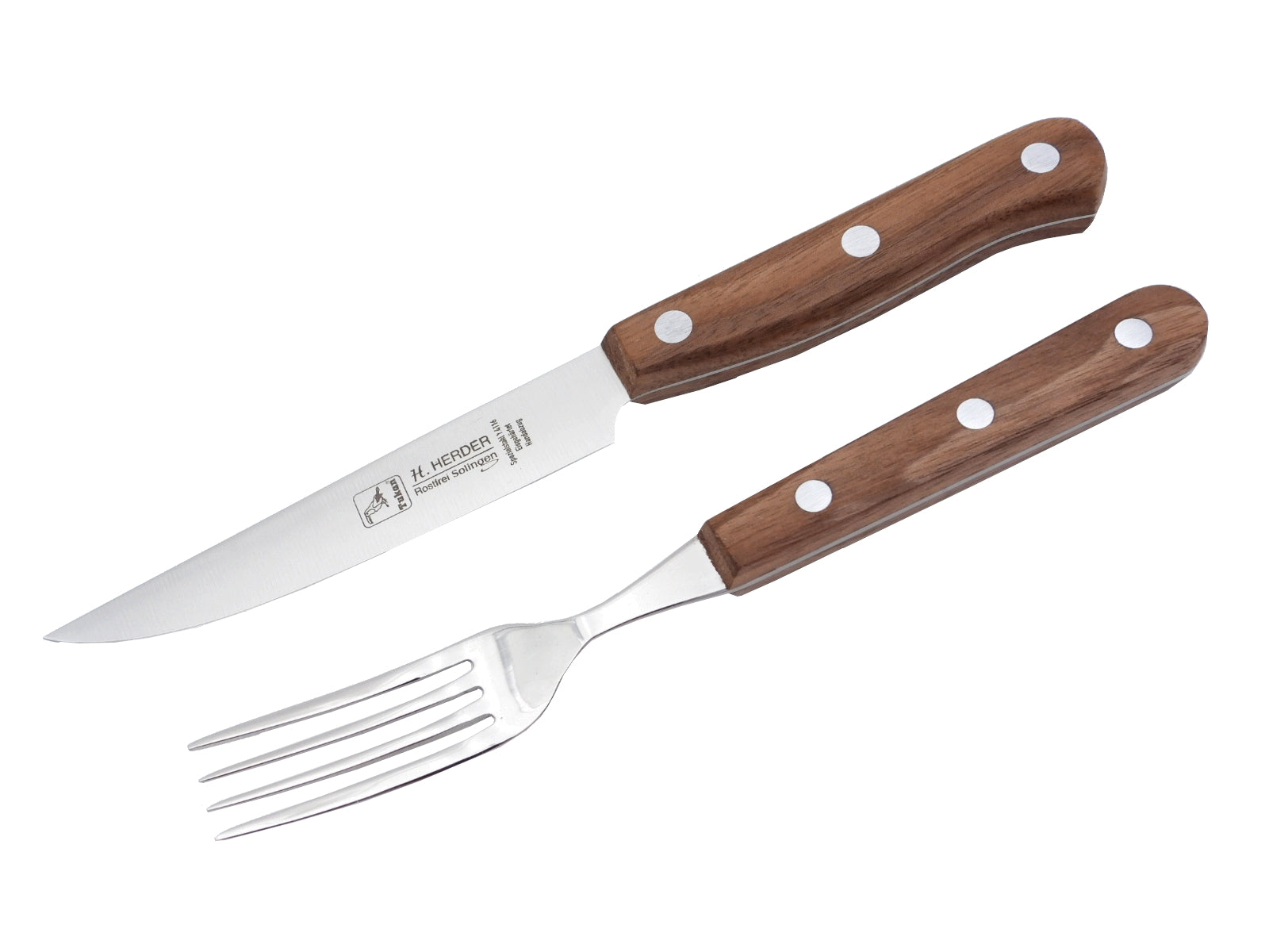 Herder Solingen - Jausen-Set Jausenmesser & Gabel aus Edelstahl mit Nußbaum-Griff, rostfrei, handgefertigt