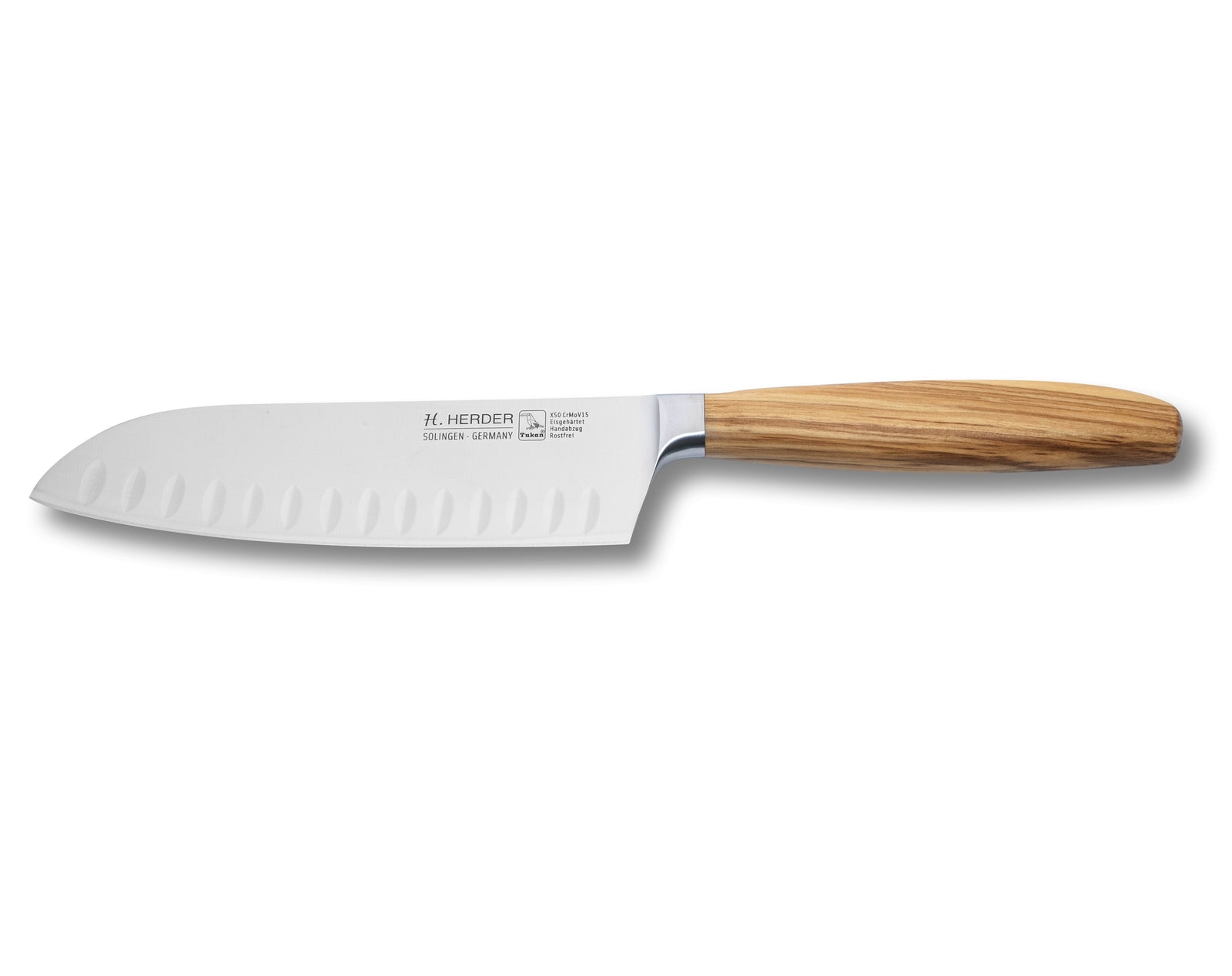 Santoku Kochmesser geschmiedet H. Herder Solingen 30cm Olive extra scharfer Handabzug rostfrei