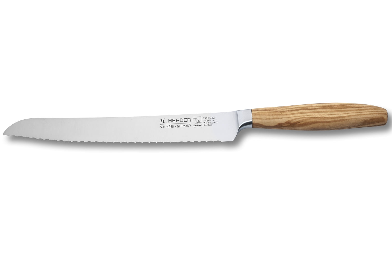 Brotmesser geschmiedet H. Herder Solingen 35cm Olive extra scharfer Handabzug Wellenschliff