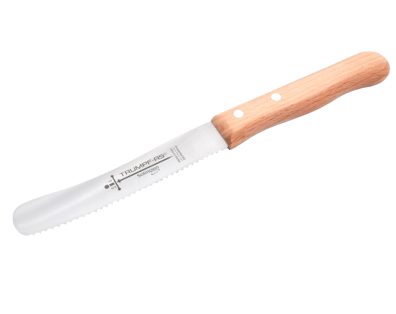 Buckelsmesser Trumpf-As  – Frühstücksmesser Solingen extra scharf Wellenschliff 22,5 cm Brötchenmesser Buche
