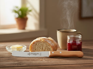 Buckelsmesser Trumpf-As  – Frühstücksmesser Solingen extra scharf Wellenschliff 22,5 cm Brötchenmesser Buche
