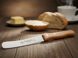 Buckelsmesser Trumpf-As  – Frühstücksmesser Solingen extra scharf Wellenschliff 22,5 cm Brötchenmesser Buche
