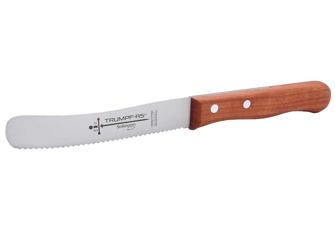 Buckelsmesser Trumpf-As  – Frühstücksmesser Solingen extra scharf Wellenschliff 22,5 cm Brötchenmesser Kirsche