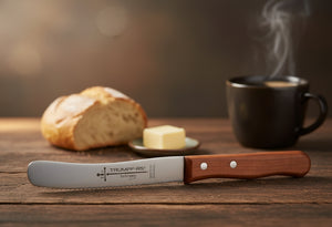 Buckelsmesser Trumpf-As  – Frühstücksmesser Solingen extra scharf Wellenschliff 22,5 cm Brötchenmesser Kirsche