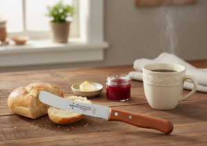 Buckelsmesser Trumpf-As  – Frühstücksmesser Solingen extra scharf Wellenschliff 22,5 cm Brötchenmesser Kirsche