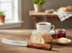 Buckelsmesser Trumpf-As  – Frühstücksmesser Solingen extra scharf rostfrei 22,5 cm Brötchenmesser Kirsche