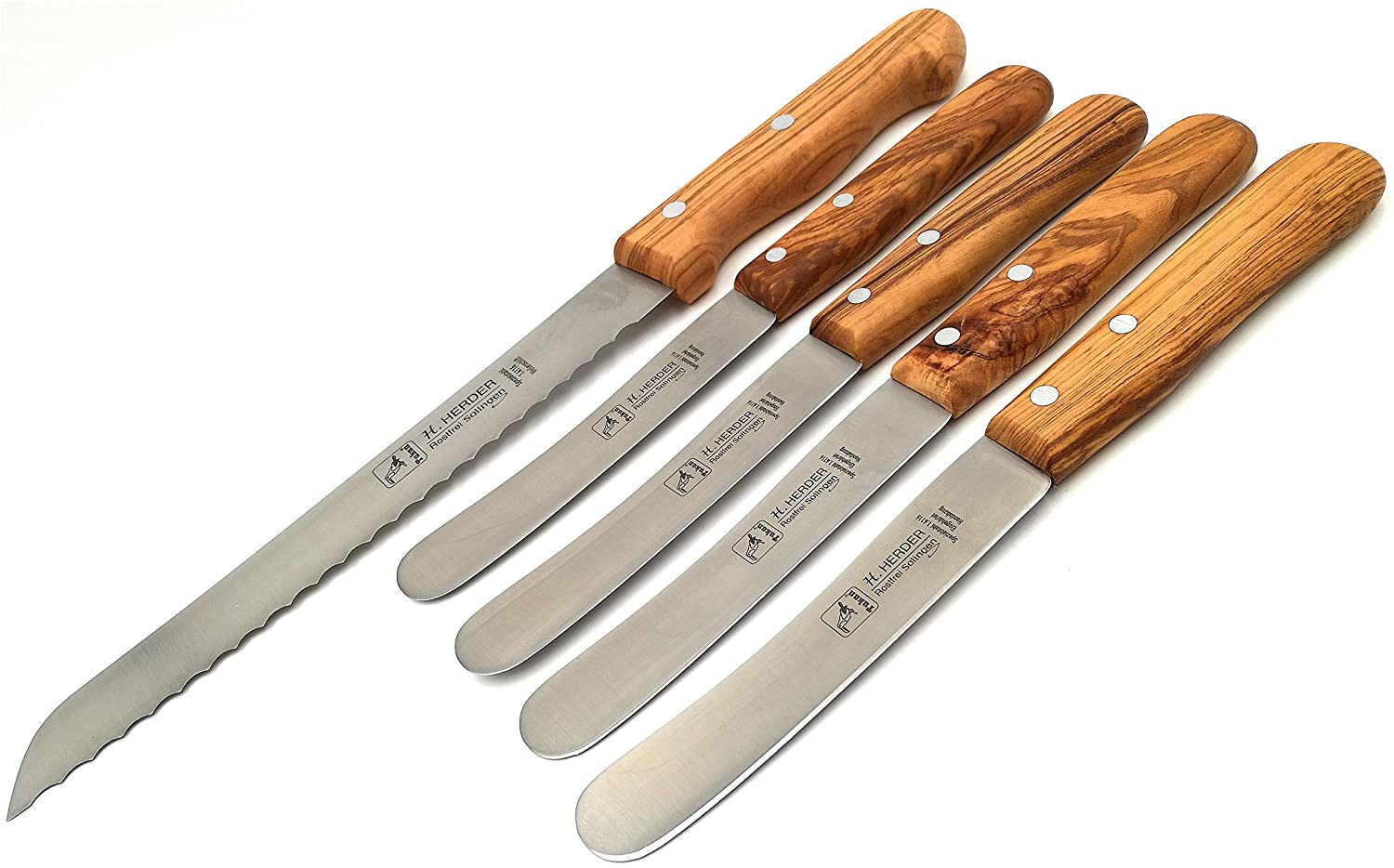5 Herder Solingen Brotmesser / Buckelsmesser Frühstücksmesser rostfrei Olive