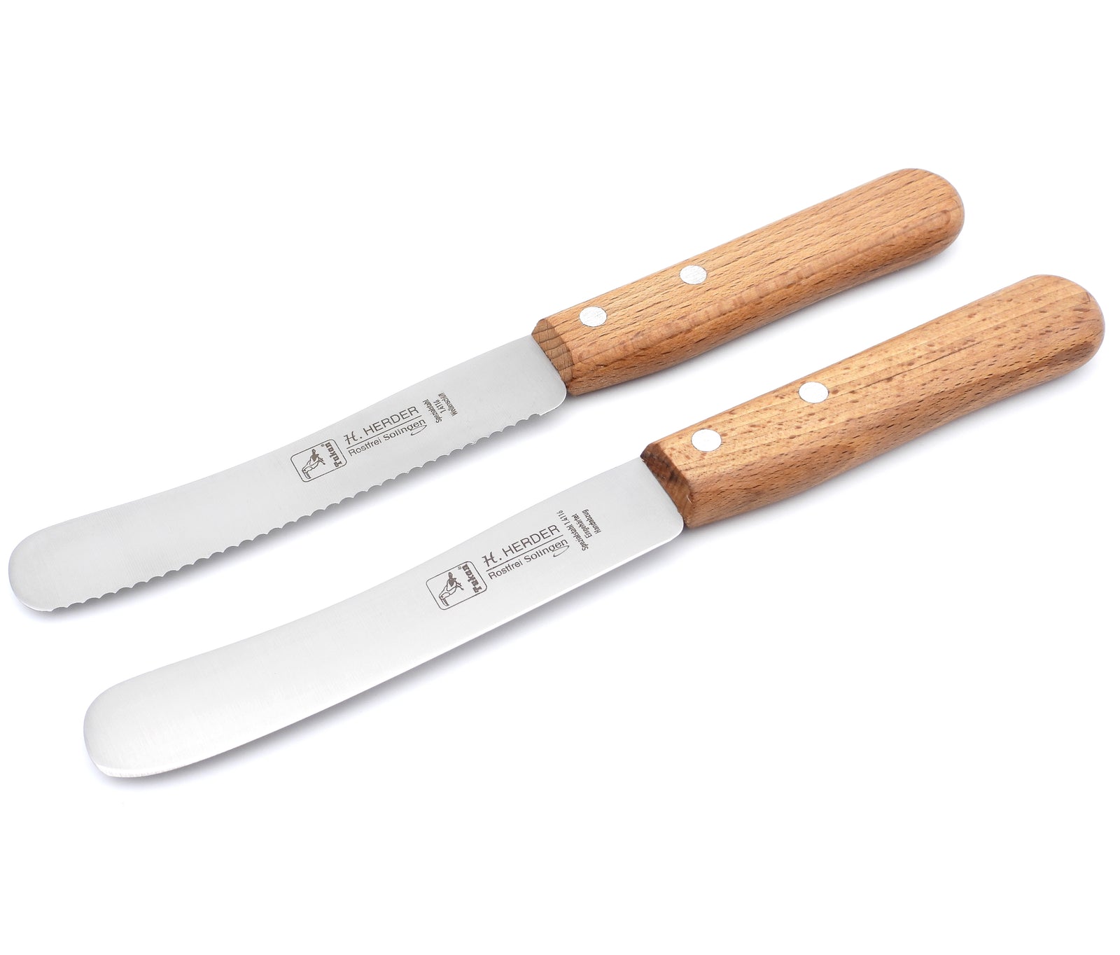 2 Solinger Buckelsmesser H. Herder Solingen Frühstücksmesser Brötchenmesser rostfrei Buche 1 mit Wellenschliff - 1 ohne