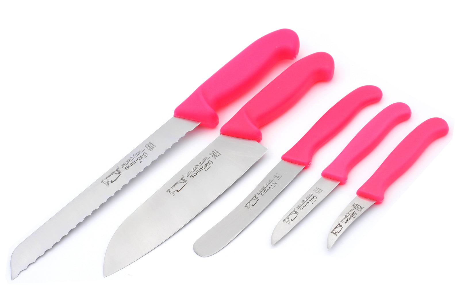 5 Solingen Messer im Set Brotmesser Kochmesser Buckelsmesser Gemüsemesser Schälmesser Sonderfarbe Neon Pink