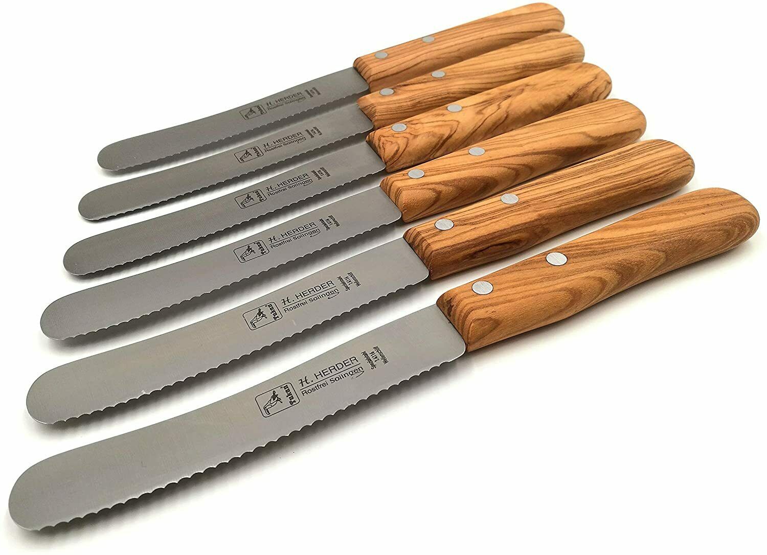 6 H. Herder Solingen Frühstücksmesser Buckelsmesser 22cm Wellenschliff rostfrei Olive
