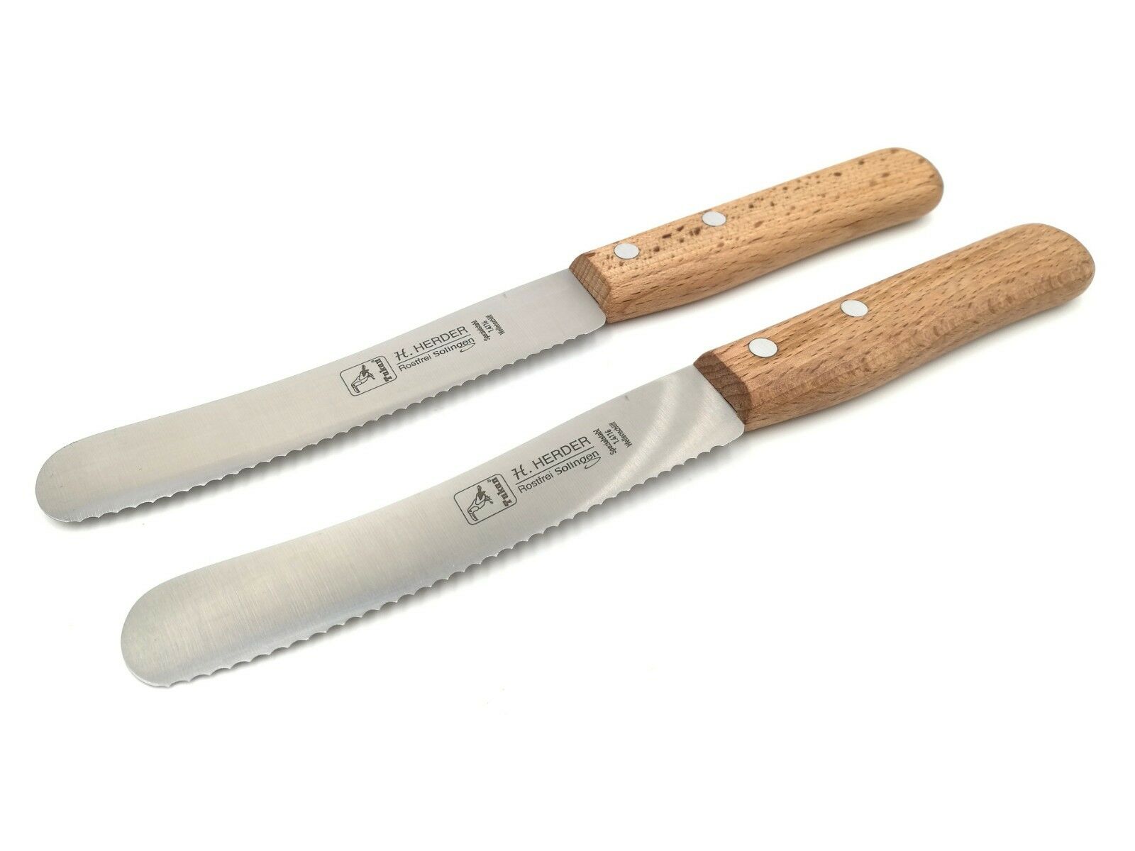 2 H. Herder Solingen Frühstücksmesser Buckelsmesser 22cm Wellenschliff rostfrei Buche